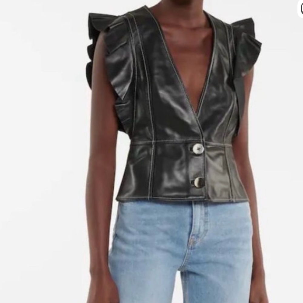GANNI Lambskin Frill Vest Black Leather White Stitch F5968 Sz 38